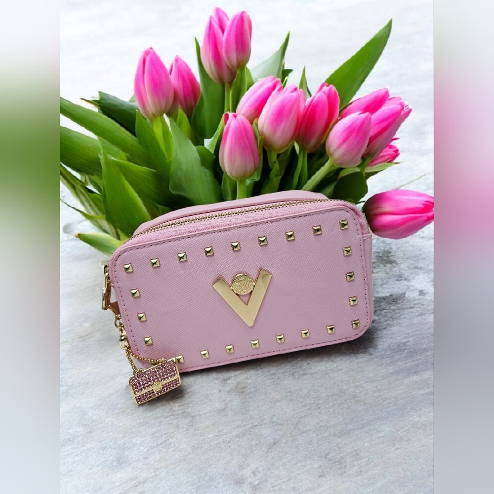 Nwt Valentino Orlandi Baby Pink Studded Crossbody Camera Style Bag